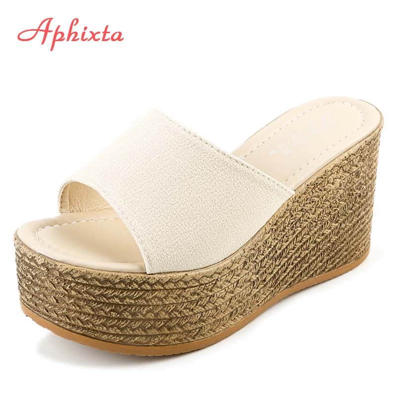 Fashion Aphixta 9cm Heels Slides Pearl Crystals Appliques Shoes Woman Slippers Flip Flops Wedge Heel Platform Woman Beach Zapatos Mujer