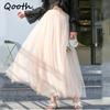 Qooth Elastic Waist 3 Layers Mesh Long Tulle Skirt Spring Autumn Elegant Vintage High Waist Ball Gown Gauze Tutu Skirt QT2001