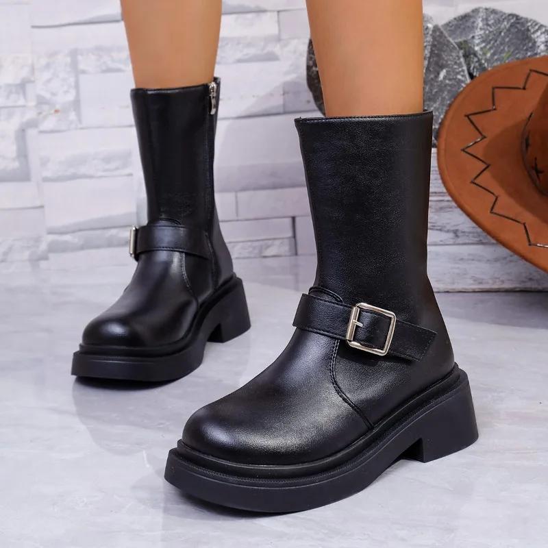 2024 Hot-selling Versatile Warm and Comfortable Women's Boots New Fashion Thick-soled Women's British Style Western Mid-calf
