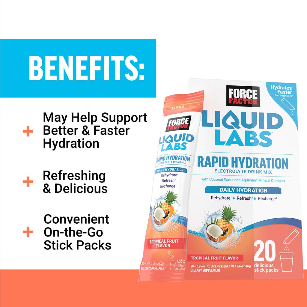 Force Factor, Liquid Labs, Rapid Hydration, Electrolyte Drink Mix, Tropical Fruit, 20 Stick Packs, 0.25 oz (7 g) Each