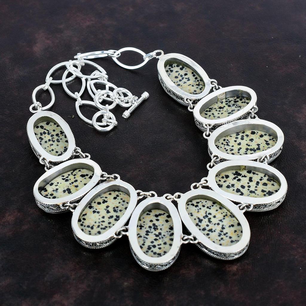 Dalmatian Jasper Gemstone Necklace Vintage Jewelry 925 Sterling Silver Adjustable Chain Necklace Handmade Unique Style Necklace Gift For Her