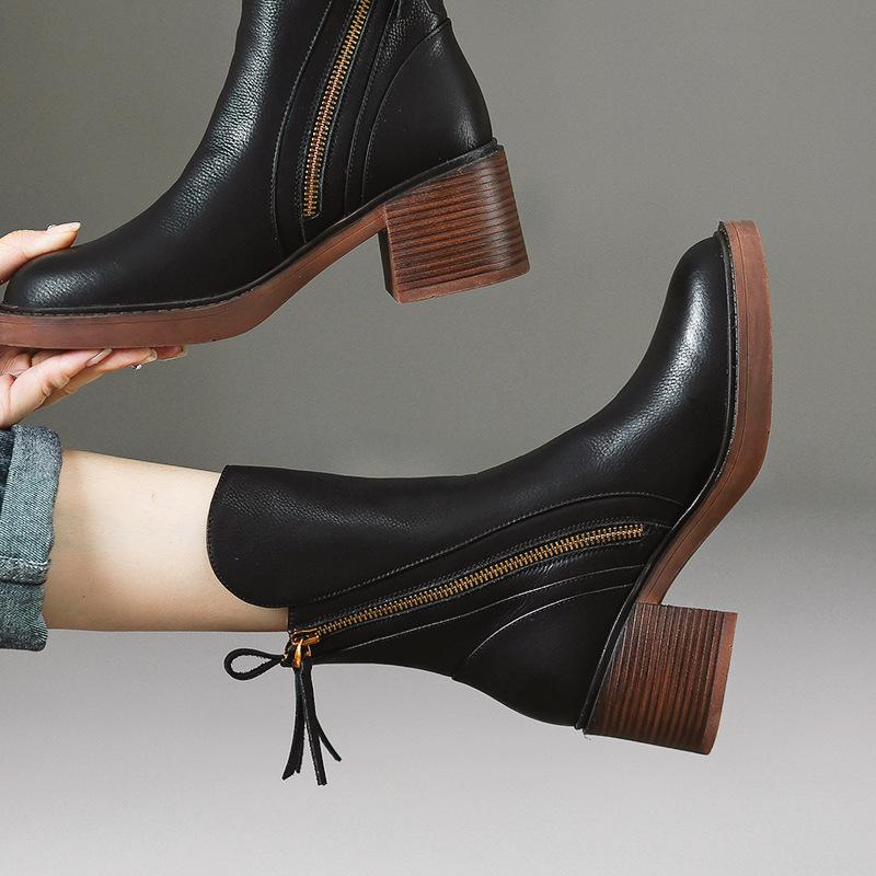 Original'Chelsea Boots Autumn Coarse Heel Brown Short Boots Female Handsome Martin Boots Leather Boots