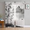 Chinese Ink Landscape Painting Bamboo Sheer Voile Curtains For Bedroom Living Room Kitchen Decor Chiffon Tulle Windows Curtain