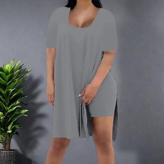 Women Plus Size 2 Piece Outfits Side Split Short Sleeve Tunic Tops And Skinny Biker Shorts Sets Summer Lounge Tracksuit