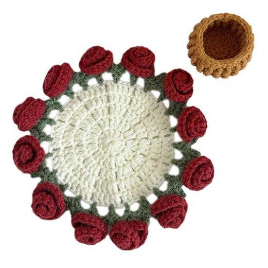 Handmade Crochet Flower Coasters Vintage Rose Flower Bouquet Coaster Unique Coffee Table Decor Accessories