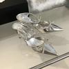Fashion Advanced Sense ~! Silver Patent Leather Rhinestone Bow Pointy Half Slippers For Women With Fine Heels And High Heels