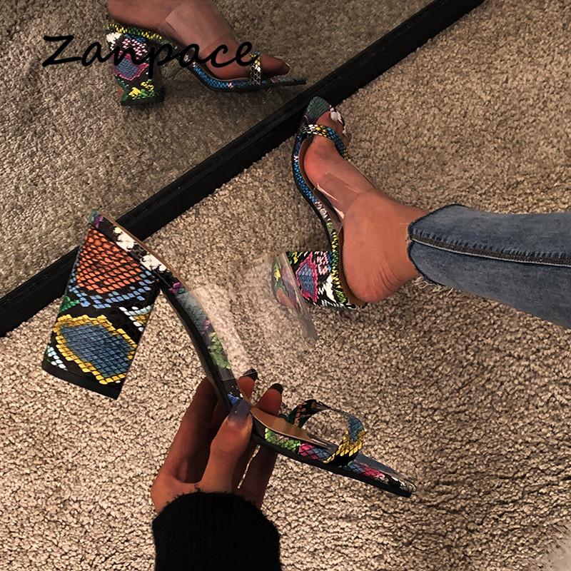 Fashion 2024 European Women Sandals Open Toe Snake Pattern Square with Thick Women Shoes Summer Super Heels Large Size 42 Sandals Woman