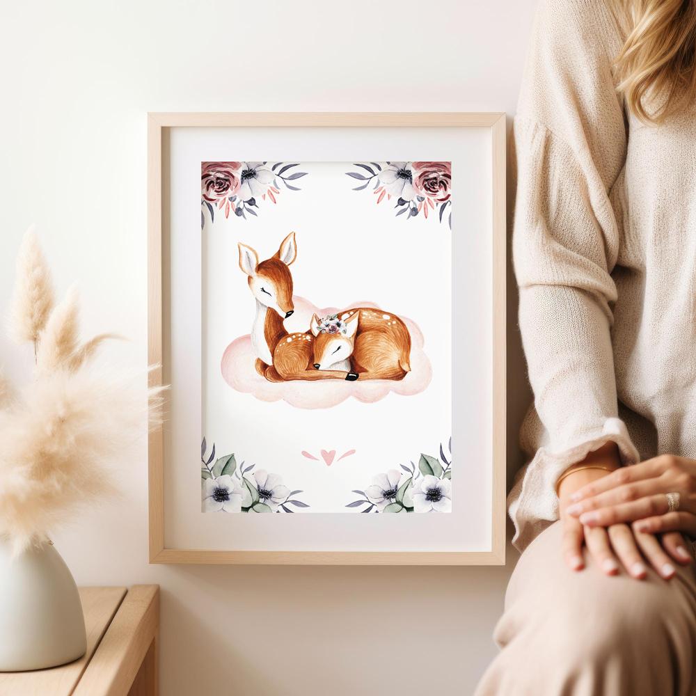 Плакат для ребенка, олень, облачно-розовые постеры