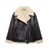 Winter Women's Double-sided Lapel Long-sleeved Long Jacket Coat Fleece Stitching Lining with Belt