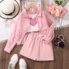 Girls Suit Summer Children's Clothing New Middle and Large Children Long-sleeved Sun Shirt + Love Vest + Short Trousers 3PCS Girl