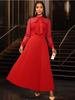 Red Patchwork Lace Pleated Dress Half-High Neck Bow Tie Long Lantern Sleeve High Waist Ankle-Length Vintage Elegant Dress