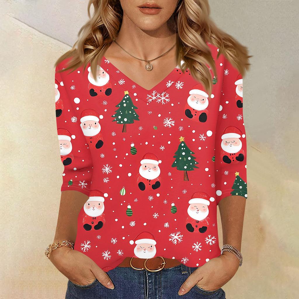 Women's T Shirt CHristmas Print 3/4 Sleeve Daily Weekend Fashion Basic V- Neck Regular Top