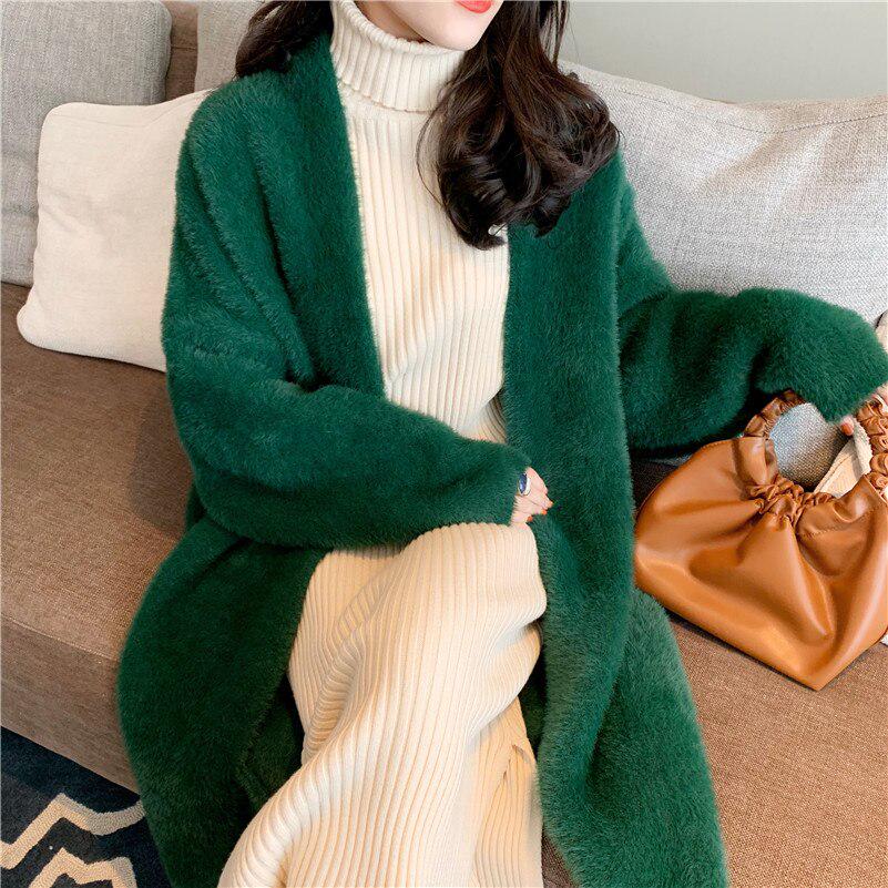 Women Solid Faux Fur Coat Lady Thick Outwear Winter Warm Long Coat Female Elegant Green Overcoat