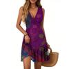 Women's Summer Dress V Neck Sleeveless Casual Textured Print Hem Pleated Dress