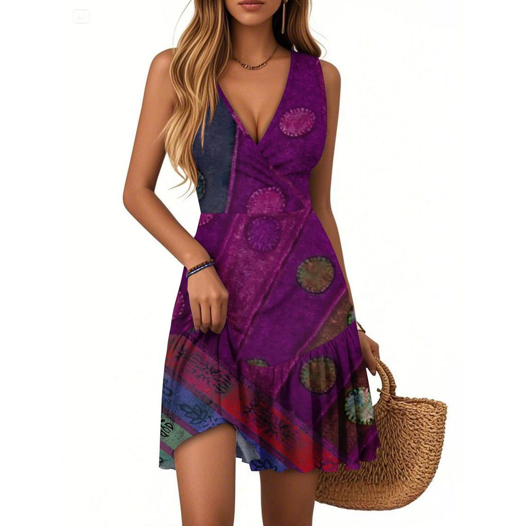 Women's Summer Dress V Neck Sleeveless Casual Textured Print Hem Pleated Dress