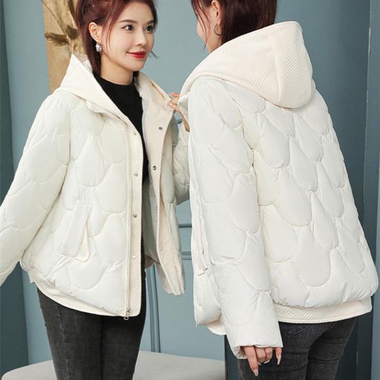 Women Winter Coat Fake Two-piece Zipper Button Closure Padded Hooded Turn-down Collar