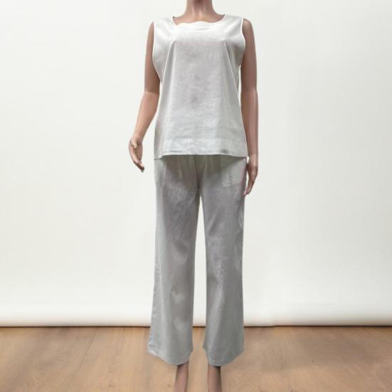 2 Pcs/Set Women Vest Pants Set Round Neck Sleeveless Loose Solid Color Top Wide Leg Pants Casual Homewear Two-piece Sports Top Trousers Set