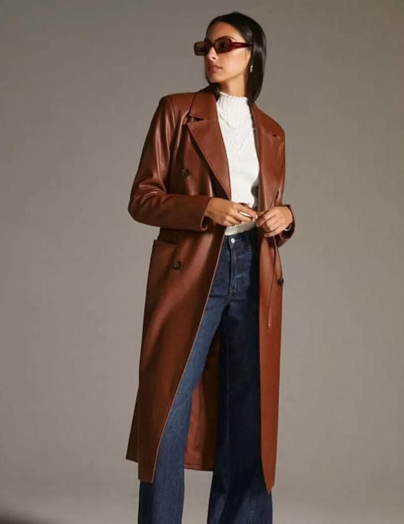 Lambskin Handmade Long Party Stylish Women Brown Trench Coat Leather Genuine