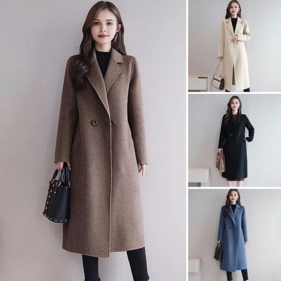 Women Jacket Turn-down Collar Pockets Solid Color Double-breasted Loose Fit Overcoat Thermal Long Sleeved Commuting Dating Spring Fall Winter Coat
