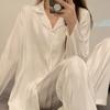 2 Pcs/Set Women Spring Summer Pajama Set Striped Silky Ice Silk Lapel Long Sleeve Loose Single-breasted Wide Leg Homewear Shirt Pants Set Sleepwear