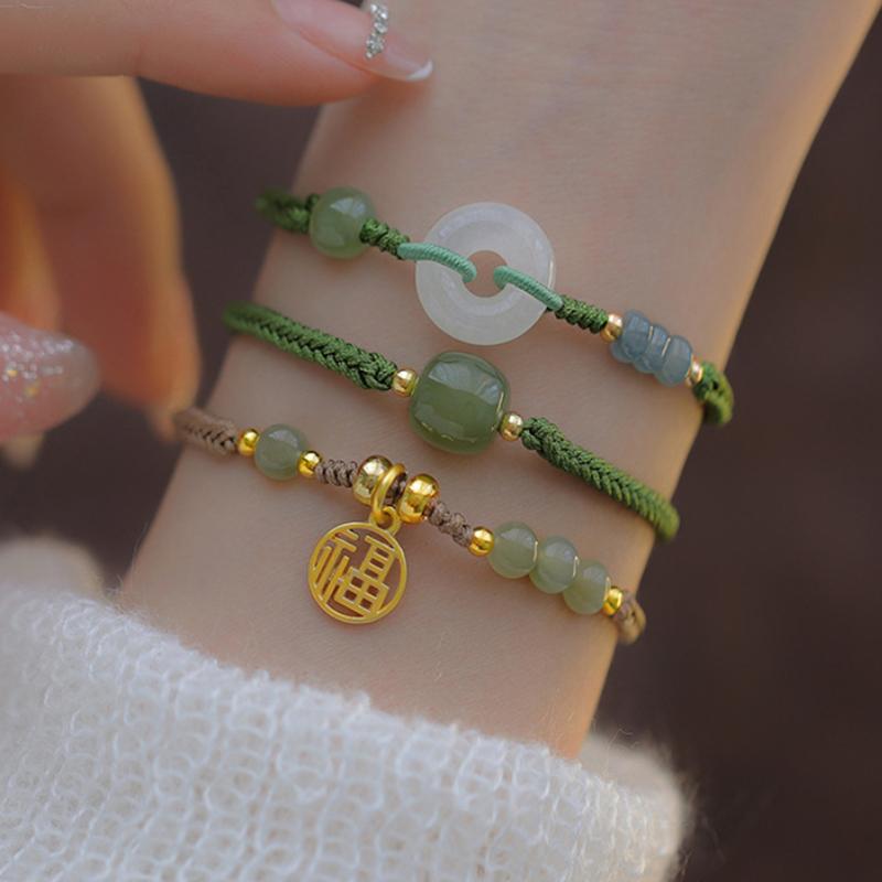 New Round/Chinese Character Natural Hetian Jade Lucky Charm Woven Braided Bracelets For Women Girls Fine Jewelry