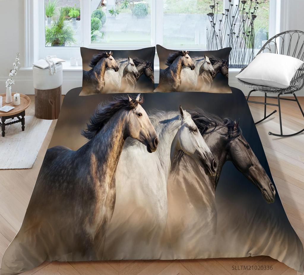 3D Horse Pattern Bedding Single Double Bed Full Size Animal Print Pillowcase and Quilt Cover Microfiber Washable Home Decoration