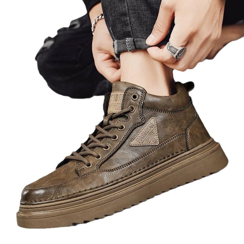 Spring New High-top Martin Boots Men's Trendy Versatile Thick-soled Casual Leather Shoes Workwear Shoes Trendy Shoes Men