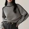 Women's Elegant Sweater Long Sleeve Turtleneck Pullover Sweater In Light Blue & White Horizontal Stripes Classic Knitwear Comfortable Stylish Top