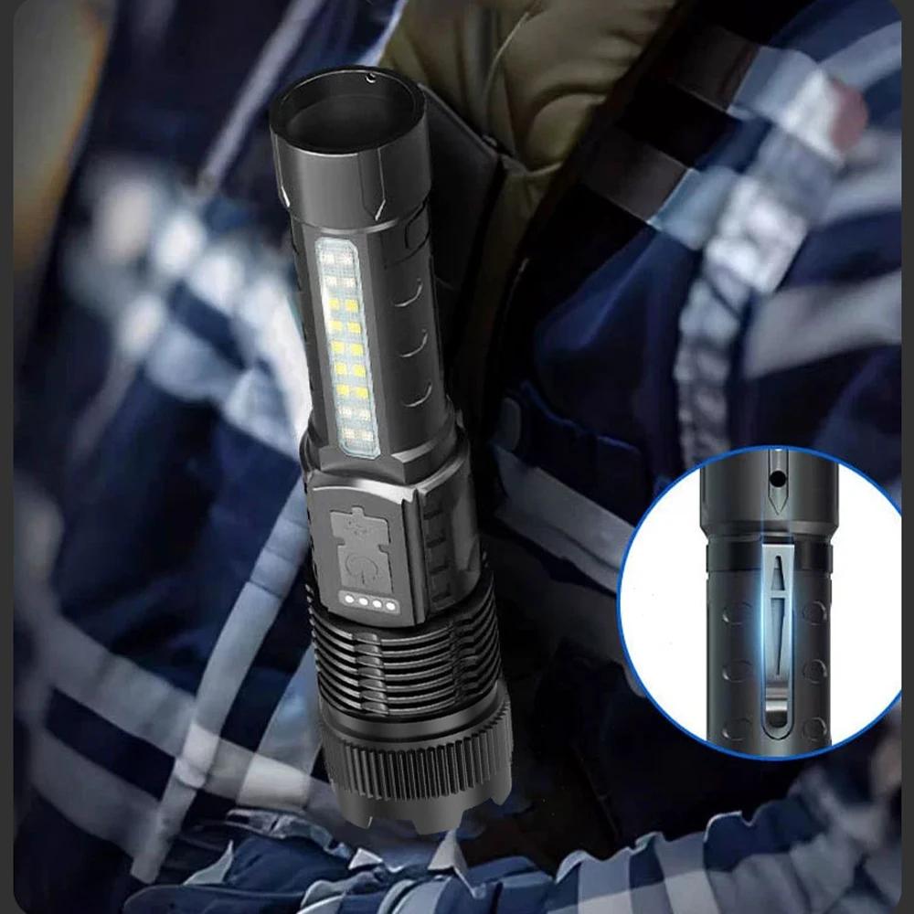 High Power Led Flashlight Portable USB Rechargeable Led Lamp with COB Side Light Pen Clip Zoom Torch Camping Emergency Lantern