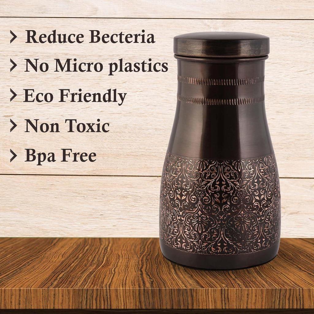 Copper Bedroom Jar with Inbuilt Glass | Rarity Carving Design | Handcrafted, Leakproof, Jointless | Ayurvedic Benefits, Antioxidant Properties