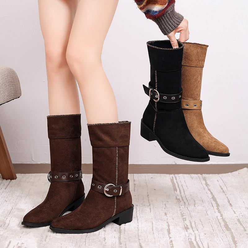 Suede Mid-Tube Boots Autumn New Pointed Toe Sleeve Belt Buckle Soft Sole Non-Slip Block Heel Skinny Boots