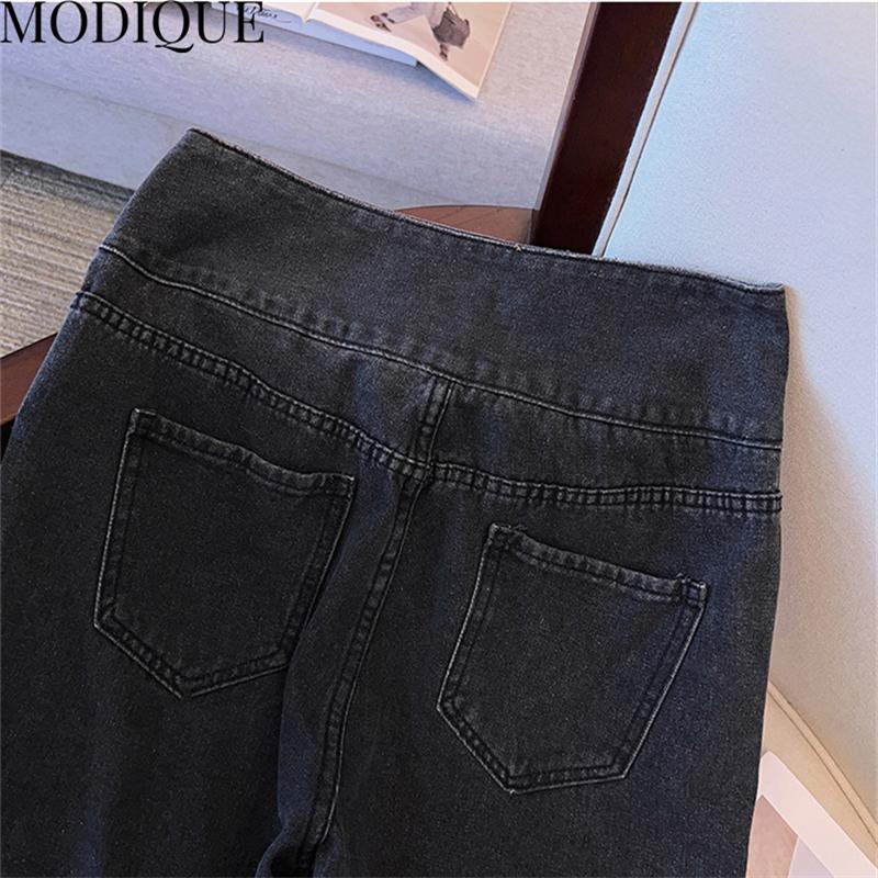 MODIQUE Spring Plus Size Women Vintage High Waist Elastic Straight Button Decoration Long Jeans Lady Basics Casual Pants Trousers