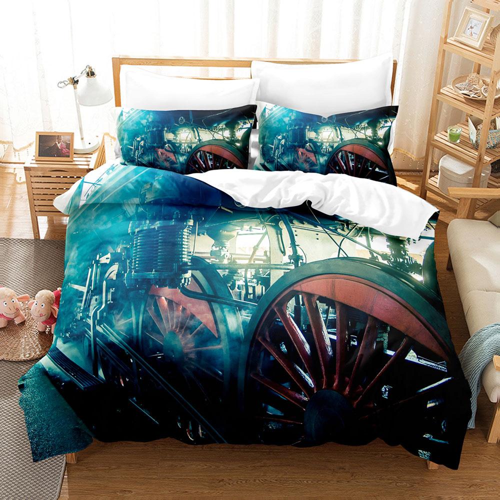 Steam Engine Duvet Cover Set Locomotive Green Black Train On Steel Railway Track Travel Adventure Graphic Print King Queen Size