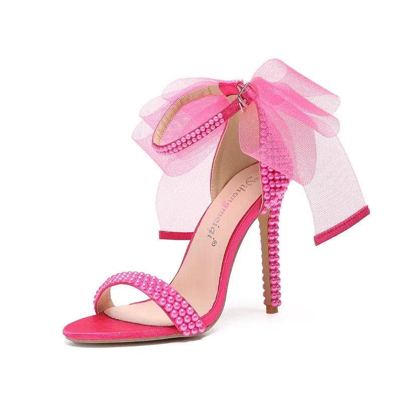 Fashion New Fish Mouth Bowknot Pearl Sandals Summer Fashion Shallow Mouth Wedding Dress Bridal Banquet High Heel Women's Single Shoes 43