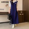 Summer Women's Plus Size Shirt Dress Neck Casual Simple Midi Blue Dress