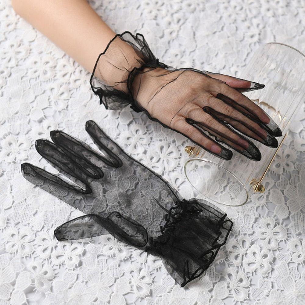 Ultra Thin Gauze Lace Gloves Short Wedding Mesh Gloves Elastic Women Tulle Gloves Ladies