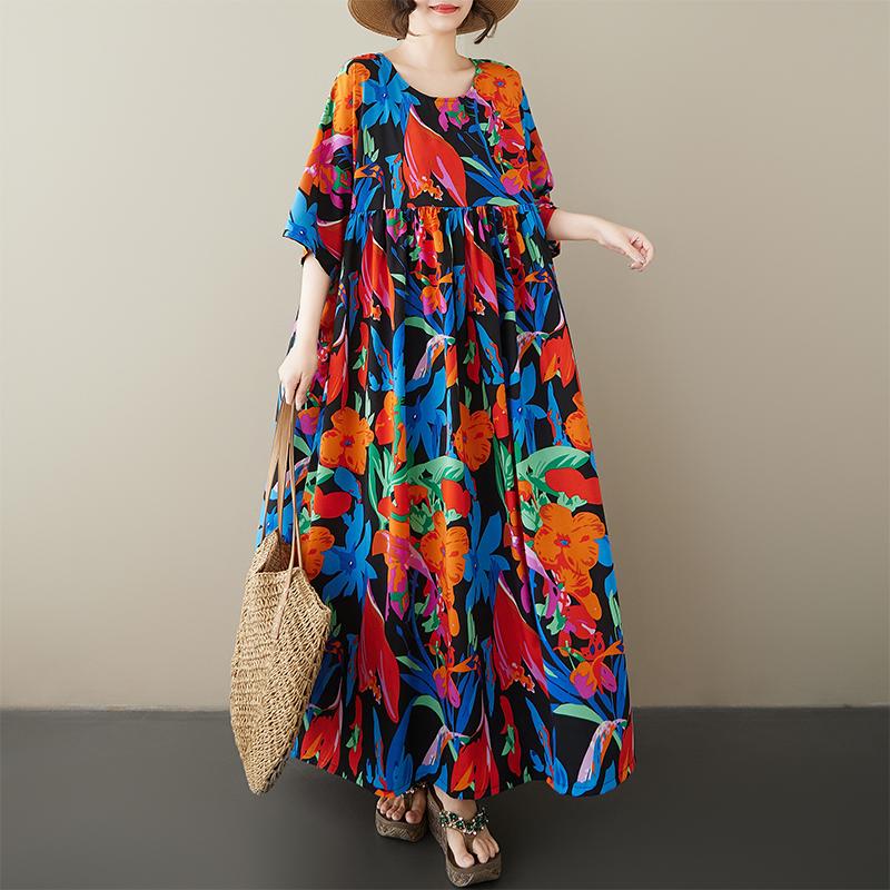 Dimanaf Plus Size New 2025 Women Summer Short Sleeve Dress Basic Casual Floral Loose Vintage Beach Long Dress