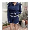 Autumn Winter Women Casual Twist Knitted Sweater Pant Two Piece Set Full Sleeve Zipper Pullover Tops and Elastic Waist Shorts Tracksuit