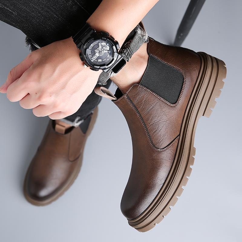Men Business Short Boots Fashion Platform Ankle Thick Soled Boots New Male Leather Motorcycle Boots Slip On Casual Chelsea Shoes