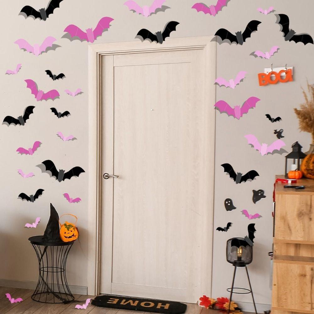 32PCS 3D Pink Bats Halloween Decoration PVC Wall Decal Halloween Party Decorations