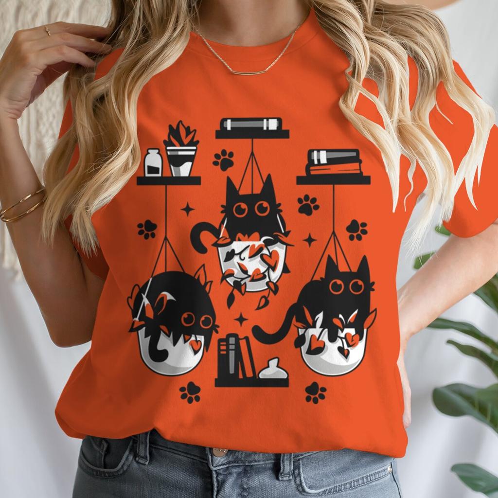 Women T-shirts New Ladies Casual Female Clothes Tops Black Cat Books Print Ladies Tees Tshirt Cartoon Graphic T-Shirt Clothing