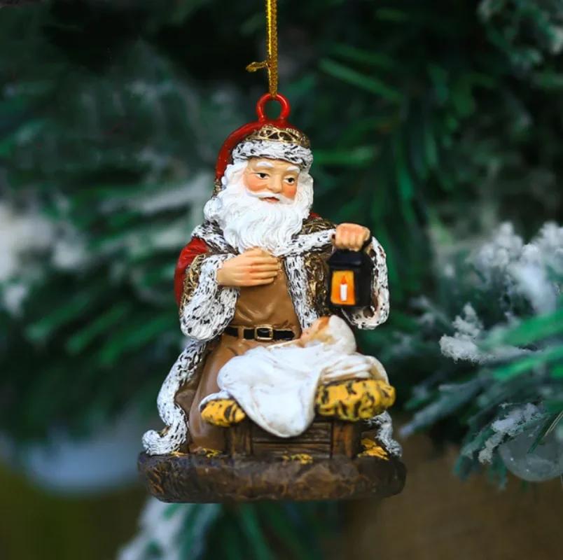 Christmas Series Hanging Ornaments Resin Hugging Santa Claus Figurines Mini Santa Pendant Xmas Tree Home Party Decor Supplies