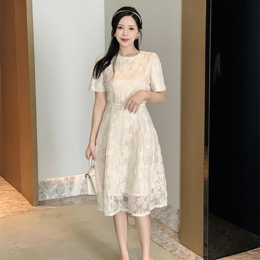 New Fashion Mesh Sequined Embroidery Short Dress Women Clothing Elegant Floral Pearl Belt Slim Casual Summer Dress