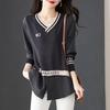 Streetwear Letter Printed Midi Blouse Fake Two Pieces Knitted Spliced Chiffon Spring Autumn Casual V-Neck Shirt