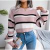 Women Autumn Winter O Neck Long Sleeve Striped Crop Loose Knit Pullover
