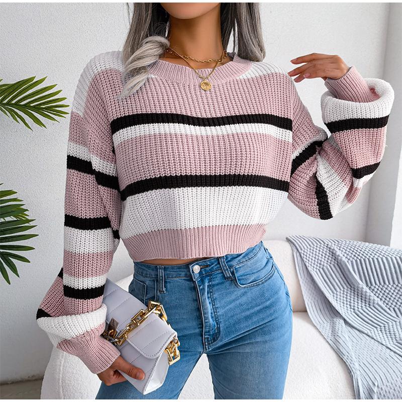 Women Autumn Winter O Neck Long Sleeve Striped Crop Loose Knit Pullover