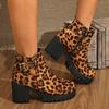 Large Size Women's Shoes New European and American Round Head Platform High-heeled Martin Boots Leopard Print Fashion Versatile