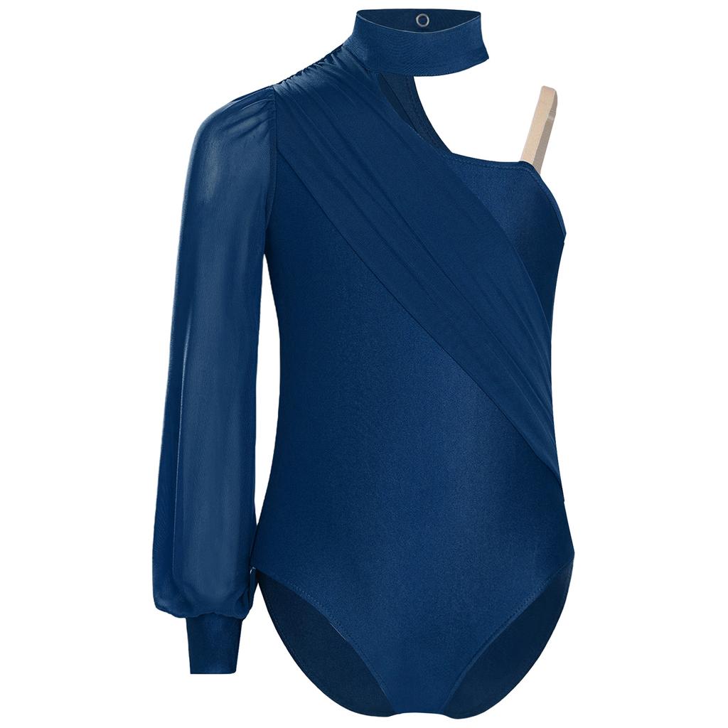 Girls Dance Leotard One Shoulder Design Mock Neck Long Sleeve Ruched Mesh Overlay Performance Bodysuit