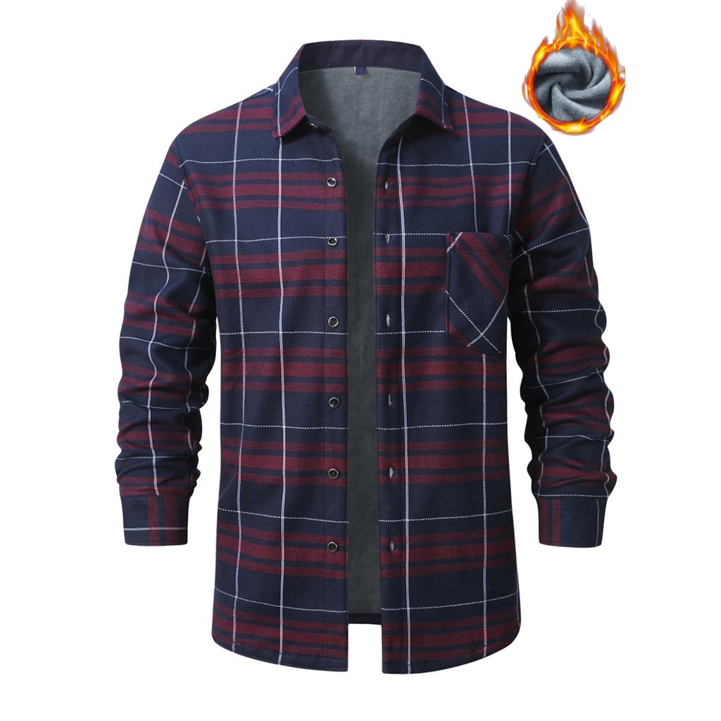 Men's Fleece And Thickened Warm Checked Button Shirt, Men's Fashionable Square Collar Casual Long-sleeved Top