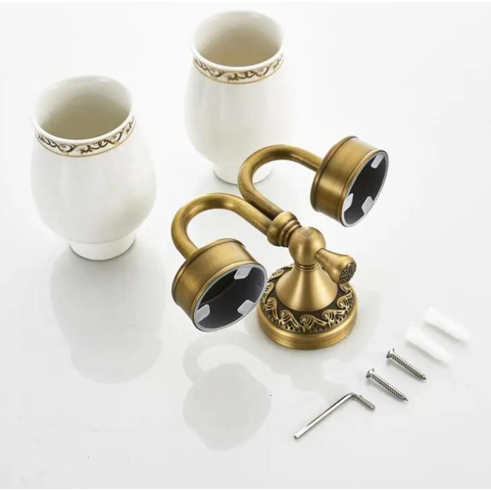 Wall Mount Antique Double Cup Holder Brass+Glass Bathroom Accessories Cup Tumbler Holders,Toothbrush Cup Holders F8308